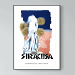 Affiche vintage de Siracusa, Italie, avec statue et paysage côtier.