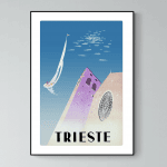 Affiche vintage de Trieste, Italie, avec vue sur la ville et le ciel bleu. Parfait pour décoration m.