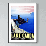 Affiche vintage du Lac de Garde avec vue sur le château et le lac, évoquant la beauté de la région i.