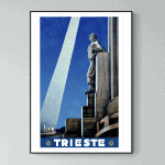 Affiche vintage de Trieste avec monument et ciel étoilé.