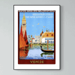 Affiche vintage de Venise avec gondoles et architecture italienne. Parfait pour décoration rétro et.