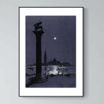 Affiche vintage de l'Italie avec vue nocturne sur un port, la lune et la statue emblématique. Parfai.