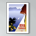 Affiche vintage Riva Torbole, Lac de Garde, Italie, avec paysage de montagne et bateau à voile.