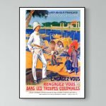 Affiche vintage de l'armée de mer française, illustrant un marin avec des enfants sur une plage colo.