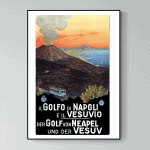 Affiche vintage représentant le Vésuve en éruption avec la baie de Naples en arrière-plan. Style rét.