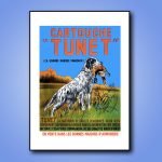 Affiche vintage de la marque française Tunet avec chien et canard, style rétro.