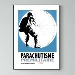 Parachutiste en vol avec parachute ouvert, illustration vintage militaire.
