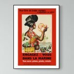 Affiche vintage illustrant une femme en tenue maritime avec un fond marin, style rétro.
