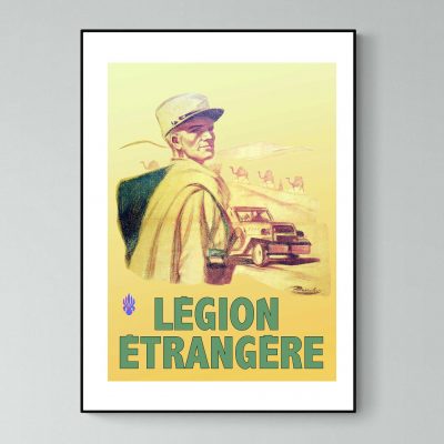 Affiche vintage de l'armée de mer avec un marin et un véhicule militaire.