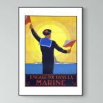 Affiche vintage de l'armée de mer avec marin saluant au coucher du soleil. Idéal pour décoration mar.