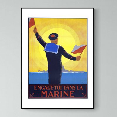 Affiche vintage de l'armée de mer avec marin saluant au coucher du soleil. Idéal pour décoration mar.