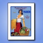 Affiche vintage Manon pour promouvoir l'emploi agricole et la récolte. Illustration colorée d'une fe.
