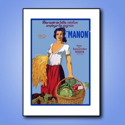Affiche vintage Manon pour promouvoir l'emploi agricole et la récolte. Illustration colorée d'une fe.