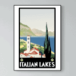 Affiche vintage représentant un paysage des lacs italiens avec montagnes et végétation.
