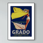 Affiche vintage Italie avec plage, soleil et femme en maillot de bain.