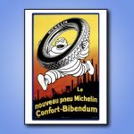 Affiche vintage Michelin avec personnage sautant à côté d'un pneu.