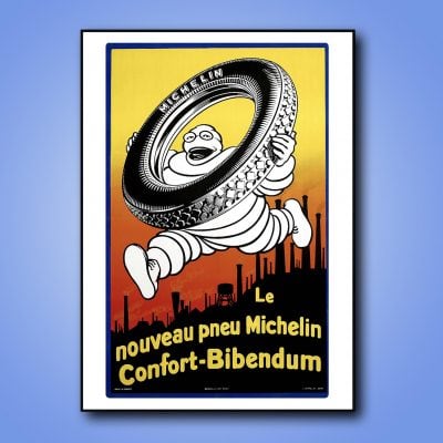 Affiche vintage Michelin avec personnage sautant à côté d'un pneu.