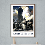 Affiche vintage du Mexique avec trains et skyline urbain.