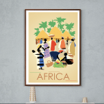 Affiche vintage représentant une scène africaine avec des figures traditionnelles et des huttes.