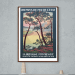 Affiche vintage de style indochine représentant un paysage maritime avec des arbres et un coucher de.