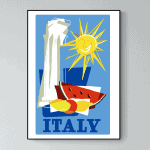 Affiche vintage Italie avec soleil souriant, statue et pastèque rafraîchissante. Parfait pour une dé.
