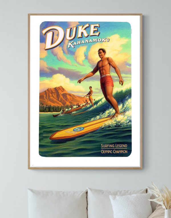 Affiche vintage représentant un surfeur australien sur une planche dans l'océan. Style rétro, ambian.