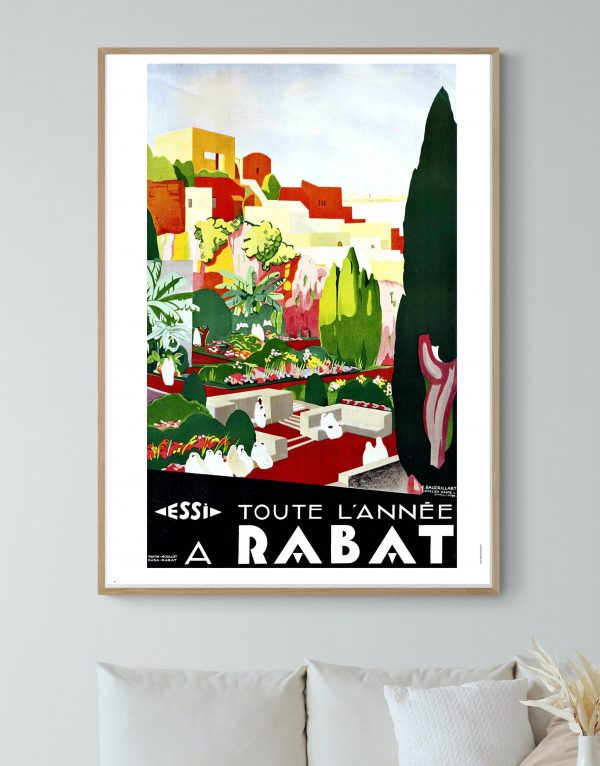 Affiche vintage colorée représentant Rabat avec maisons et végétation, style artistique rétro.