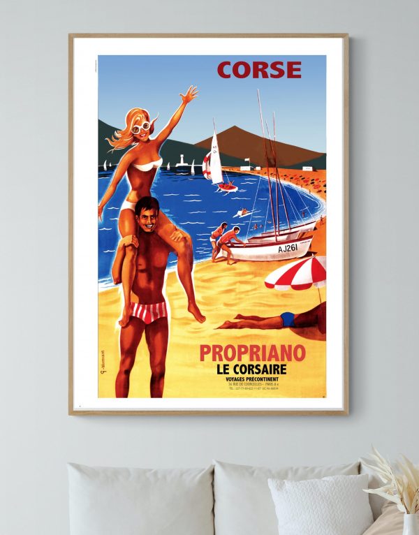 Affiche vintage de la Corse à Corte, plage ensoleillée avec voiliers et touristes.