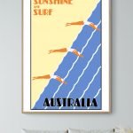 Affiche vintage Australie avec surfeurs sous le soleil, plage ensoleillée et ambiance détendue. Parf.