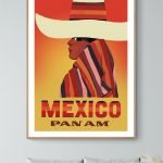 Affiche vintage Mexique Panam avec femme en sombrero coloré, décoration murale rétro.