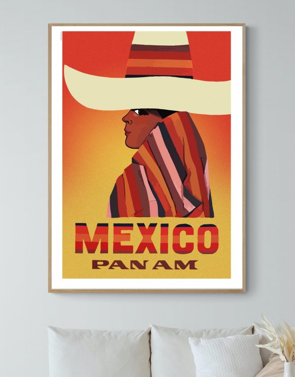 Affiche vintage Mexique Panam avec femme en sombrero coloré, décoration murale rétro.