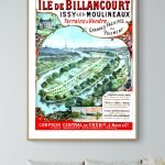 Affiche vintage de l'île de Billancourt avec vue panoramique et détails historiques.
