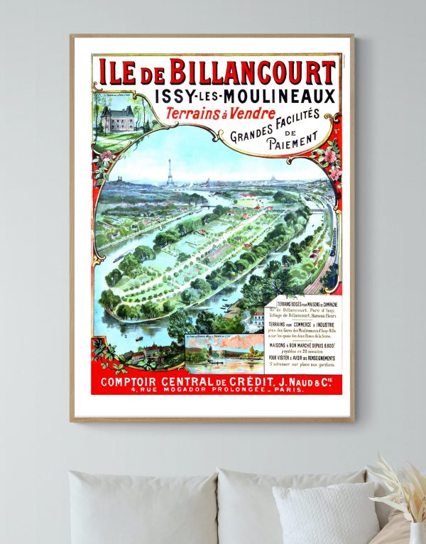 Affiche vintage de l'île de Billancourt avec vue panoramique et détails historiques.