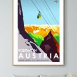 Affiche vintage représentant un paysage autrichien avec téléphérique et montagnes.