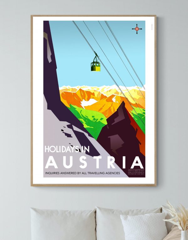 Affiche vintage représentant un paysage autrichien avec téléphérique et montagnes.