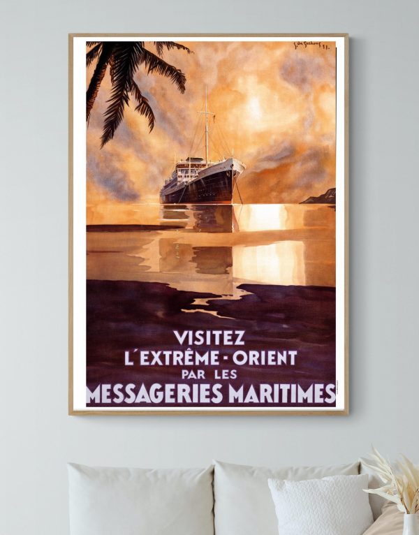 Affiche vintage représentant un navire dans un coucher de soleil tropical.