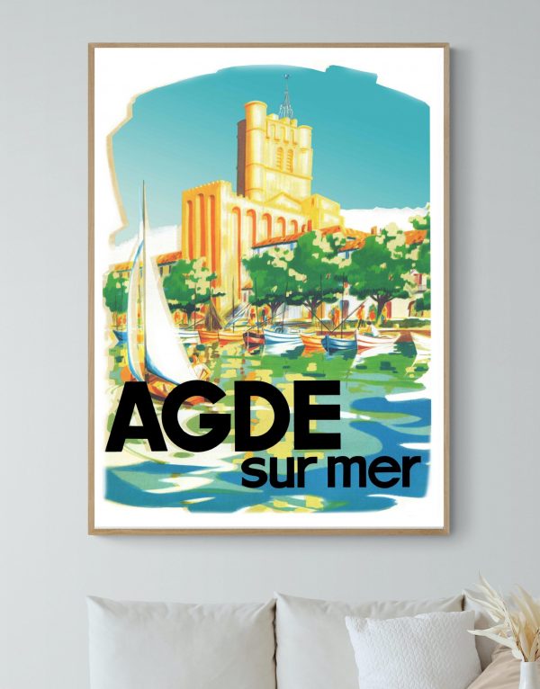 Affiche vintage d'Agde sur Mer avec vue sur la mer et le port. Parfaite décoration murale pour amate.