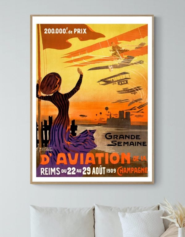 Affiche vintage de la Grande Semaine d'Aviation à Reims en 1909, illustrant les premiers vols et avi.