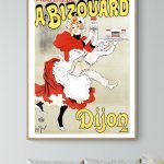 Affiche vintage promotionnelle de moutarde Dijon par A. Bizouard, illustrant un style rétro et color.