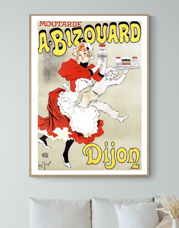 Affiche vintage promotionnelle de moutarde Dijon par A. Bizouard, illustrant un style rétro et color.