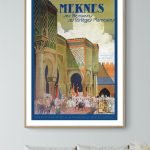 Affiche vintage de Meknes, Maroc, avec architecture traditionnelle et scène historique.