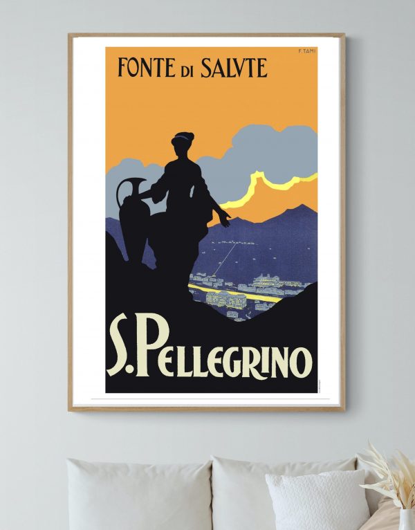 Affiche vintage "Fonte di Salive" avec silhouette de pèlerin, idéale pour décoration rétro.