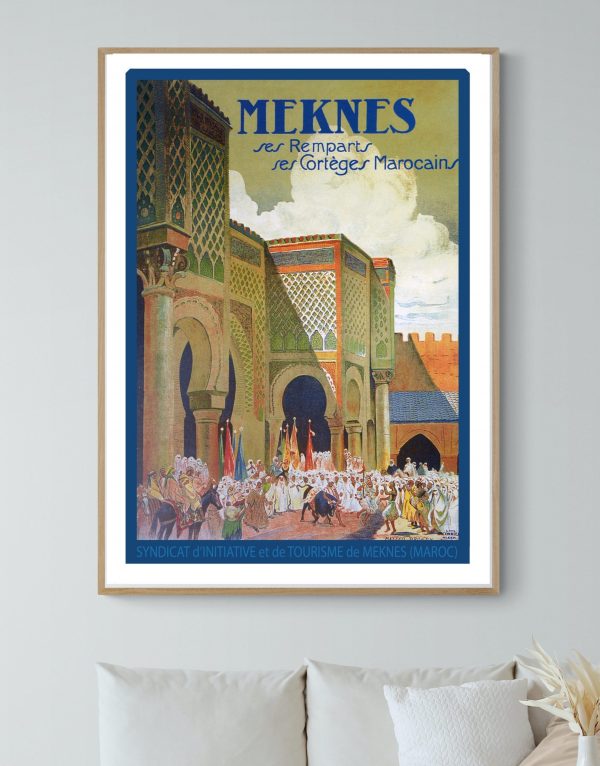 Affiche vintage de Meknes, Maroc, avec architecture traditionnelle et scène historique.
