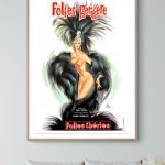 Affiche vintage Folies Bergère avec danseuse en costume extravagant.