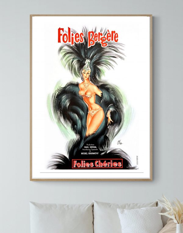Affiche vintage Folies Bergère avec danseuse en costume extravagant.