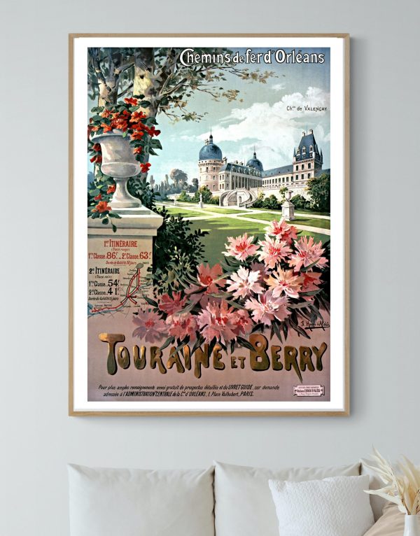Affiche vintage de la région Touraine et Berry, illustration colorée d’un château historique.