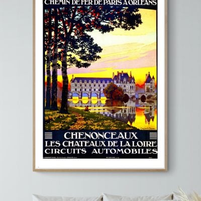 Affiche vintage de la région Touraine et Berry, mettant en valeur le Château de Chenonceaux et la Lo.