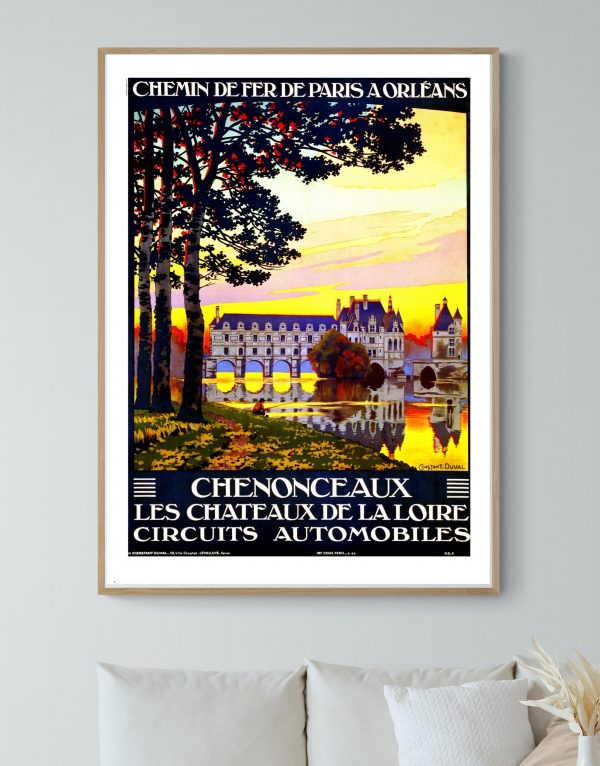 Affiche vintage de la région Touraine et Berry, mettant en valeur le Château de Chenonceaux et la Lo.