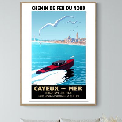 Affiche vintage de la Semaine d'Aviation à Reims en 1909, avec un avion et un bateau sur la mer.