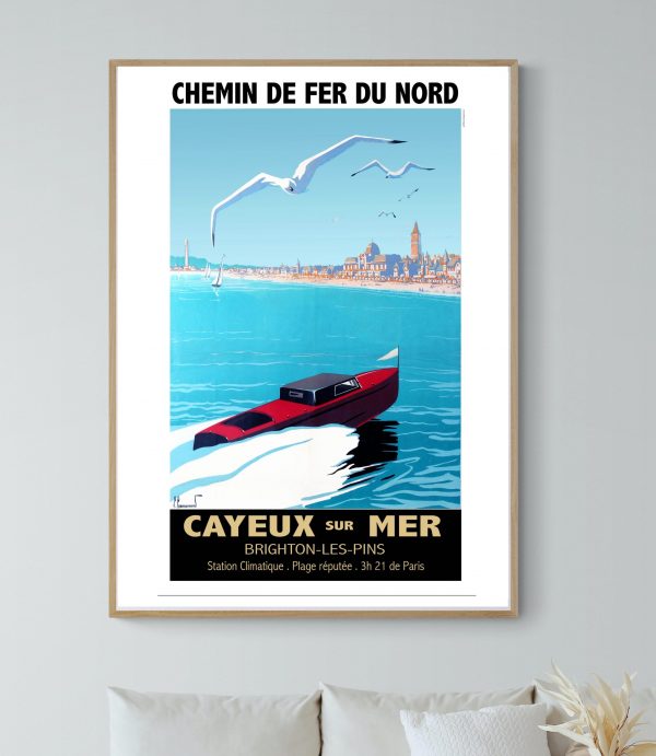 Affiche vintage de la Semaine d'Aviation à Reims en 1909, avec un avion et un bateau sur la mer.